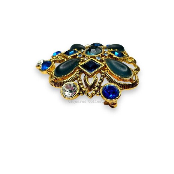 Gold Tone Blue Clear Faceted Crystal & Acrylic Cabochon Brooch - Picture 2 of 9